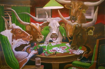 Ganado Vaca Toro Painting - ganado de cuernos largos jugando al poker